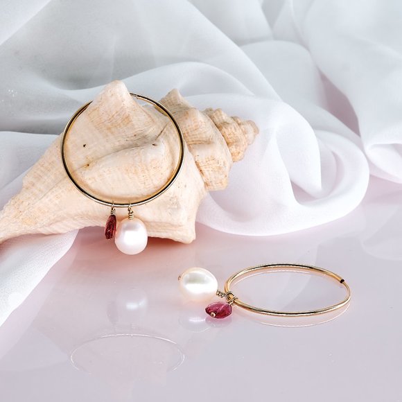 Pearl & Pink Tourmaline Hoop Earrings, 14K Gold Filled Thin Endless Hoops - Picture 8 of 11